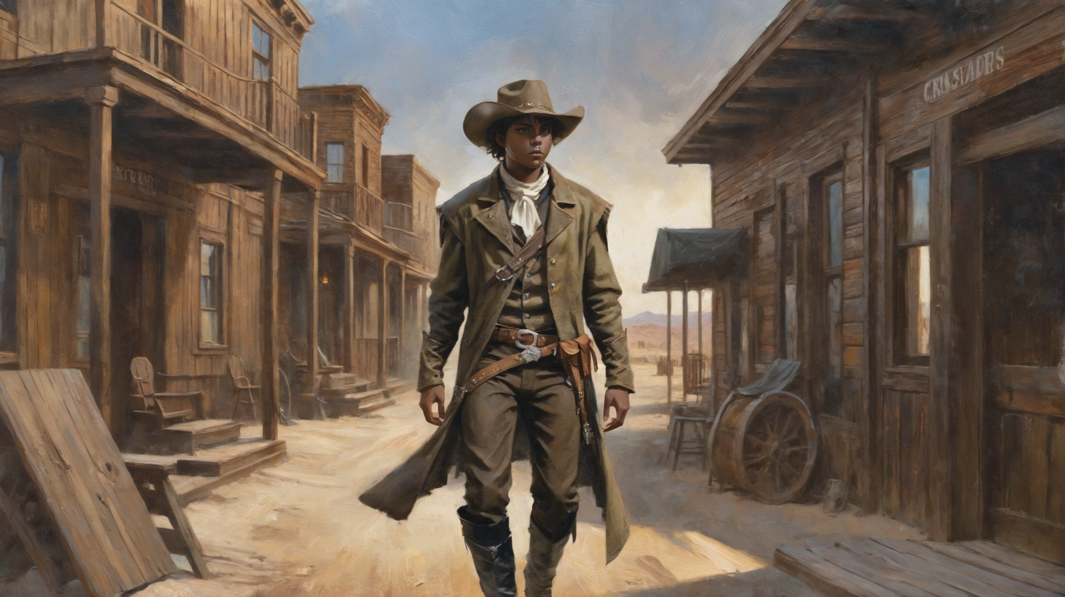 00784-2755275182-digital art, warmly lit interior, in a Quiet Wild west ghost town, (full body_1.2), 1boy, man, handsome, solo, [_creative costum.webp